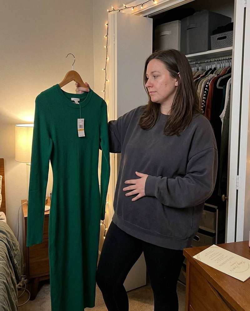 A woman in loose clothes holding up a fitted green dress she has never worn, one hand on her lower belly