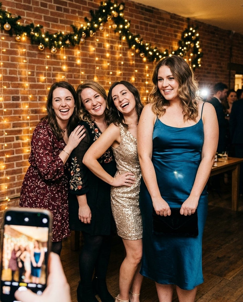 In a party group photo, one woman hides her belly behind her clutch bag while her friends pose openly