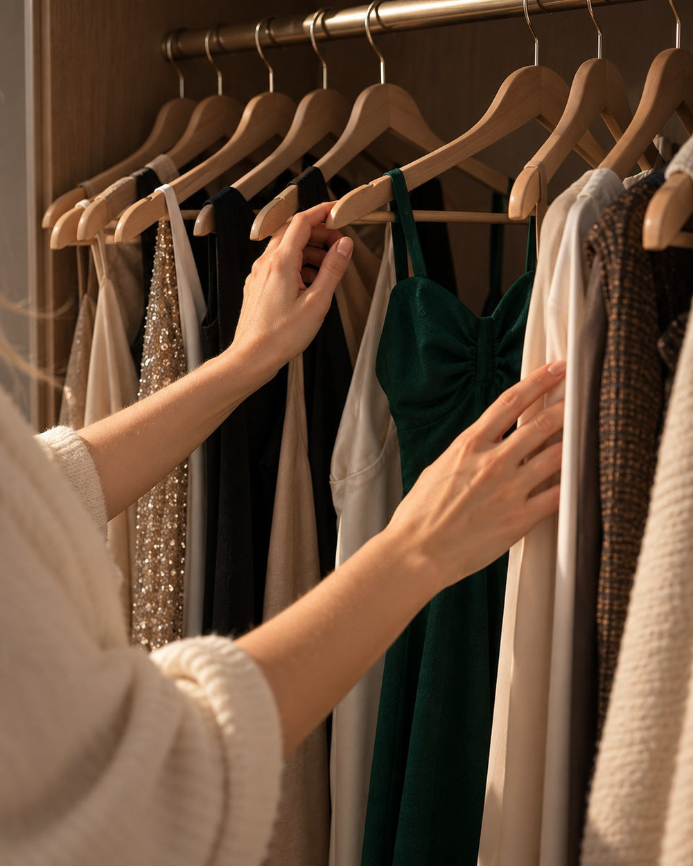 A woman's hands pausing on a dress on a wardrobe rail, hesitating to take it out