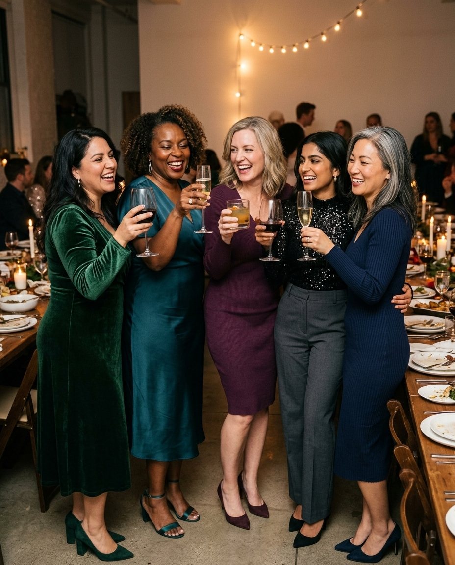 Five women of different ages and bodies raising their glasses together at a holiday dinner, laughing