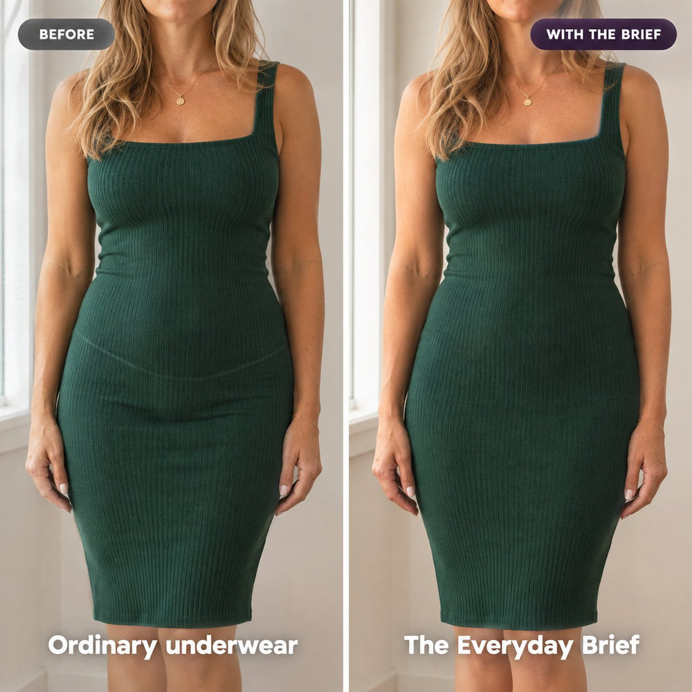 Before with ordinary underwear, and with the Everyday Brief: the same green dress lying flat.
