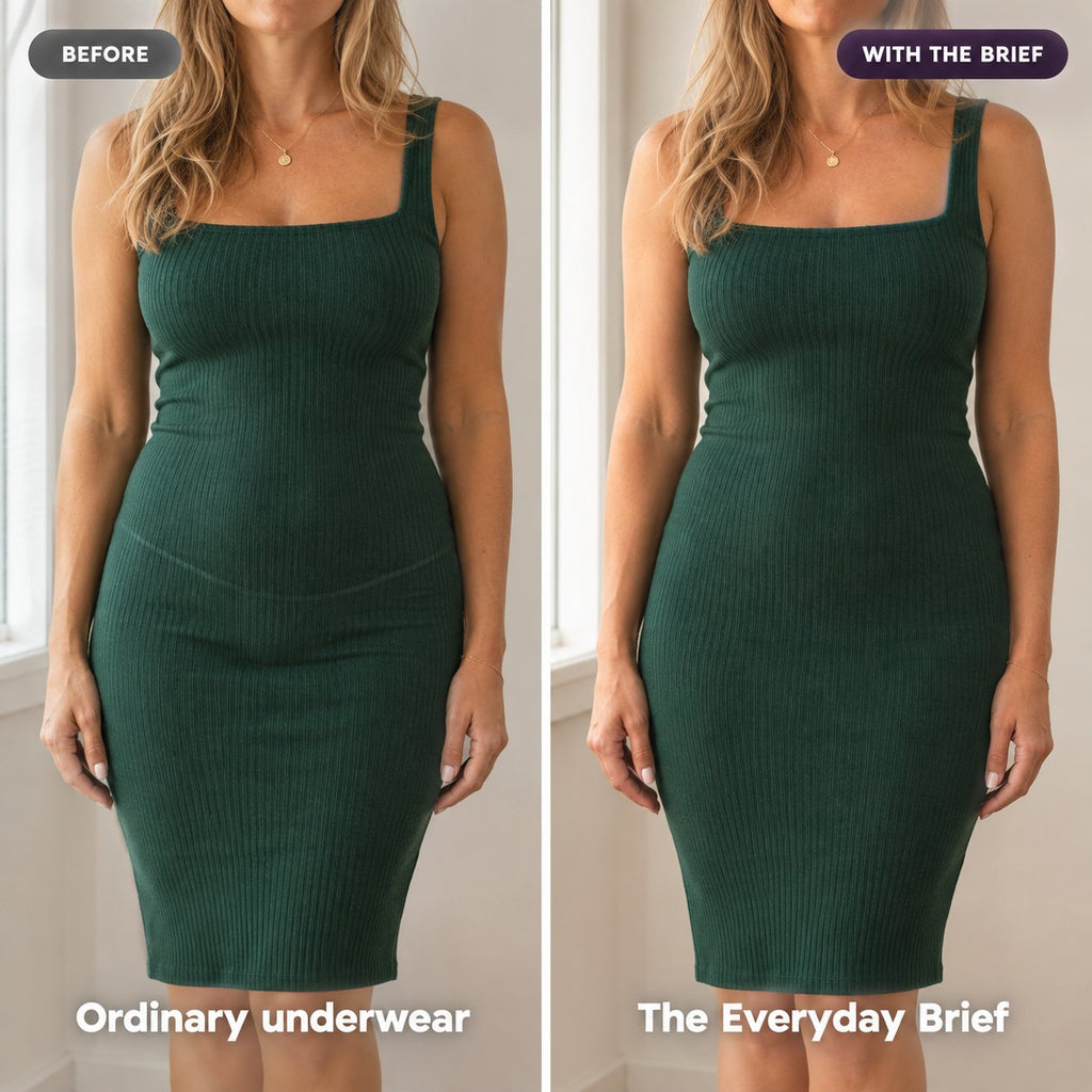 Before with ordinary underwear, and with the Everyday Brief: the same green dress lying flat.