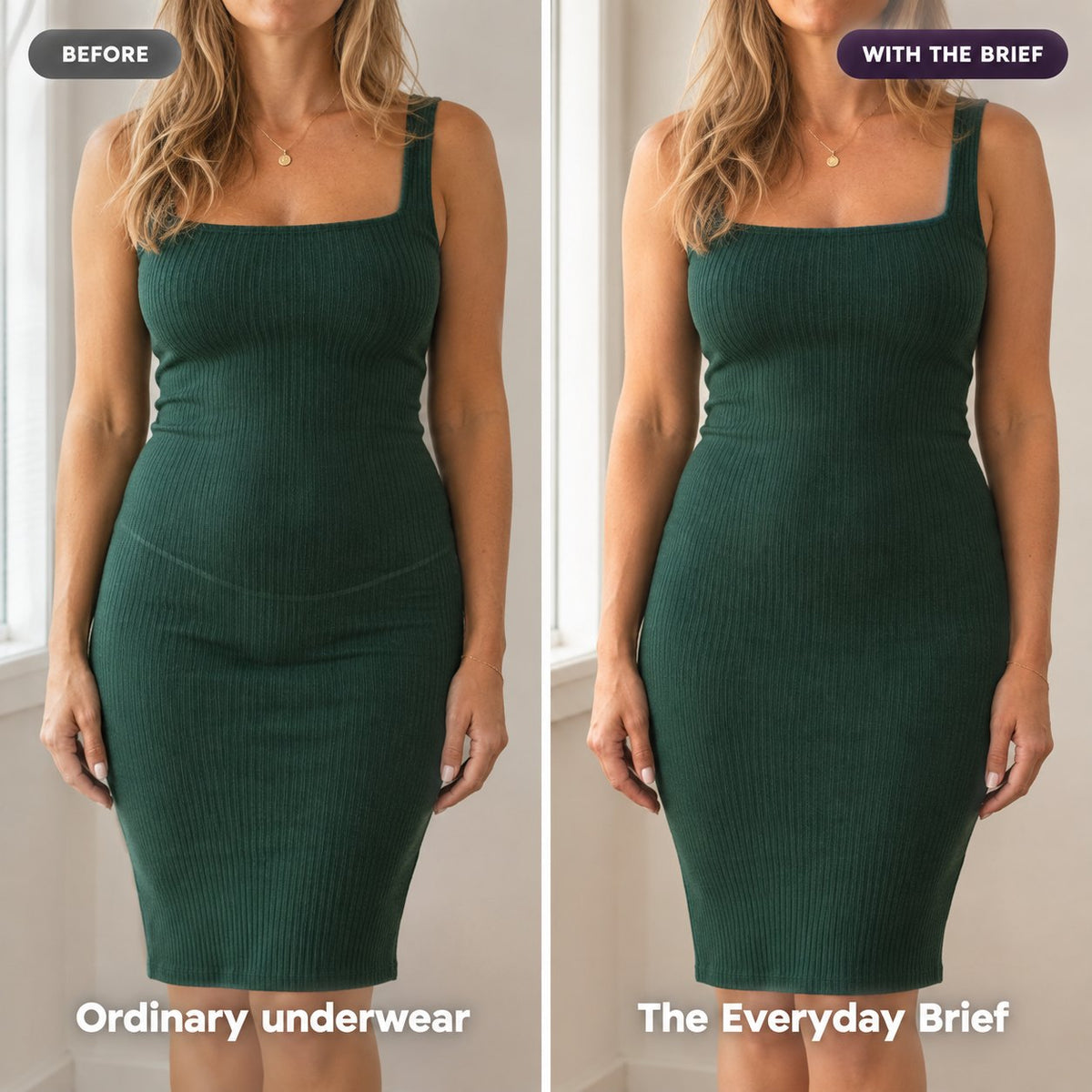 Before with ordinary underwear, and with the Everyday Brief: the same green dress lying flat.