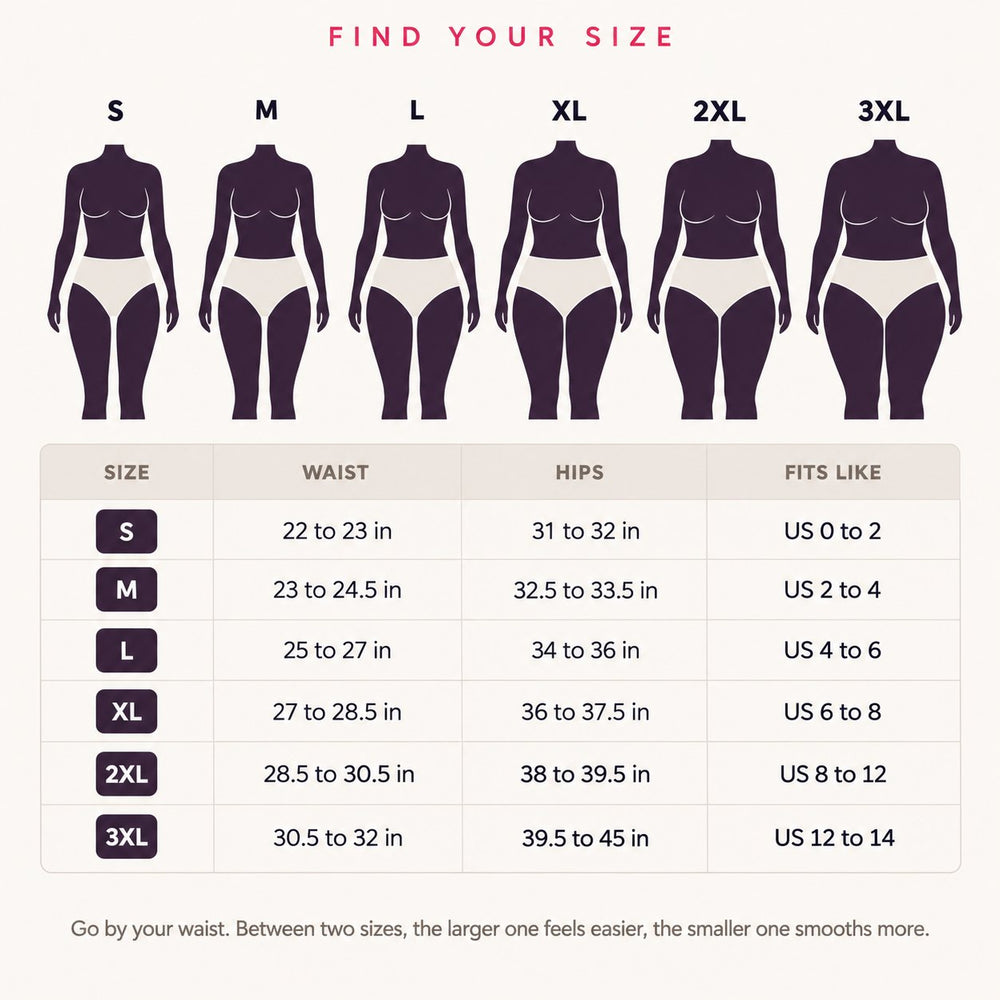 Find your size: S to 3XL with waist, hips and US size equivalents. Go by your waist.