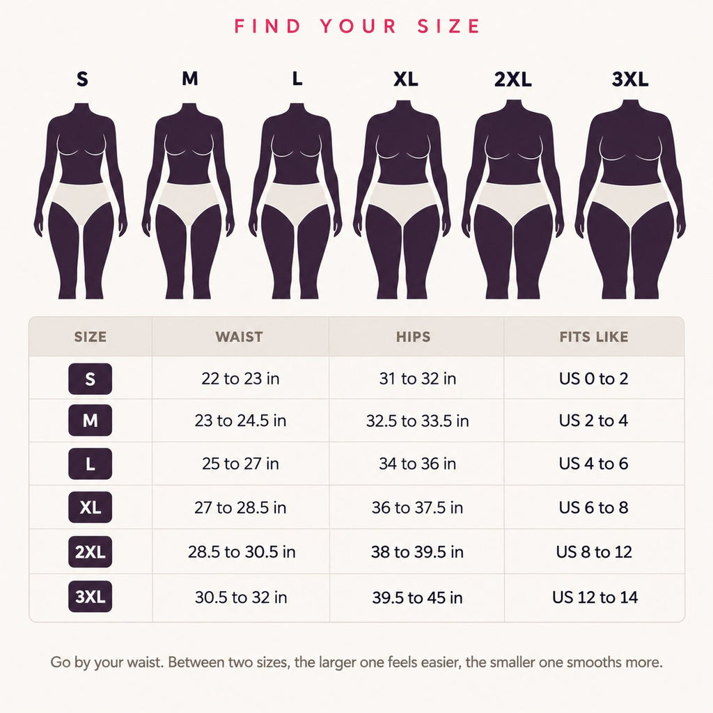 Find your size: S to 3XL with waist, hips and US size equivalents. Go by your waist.