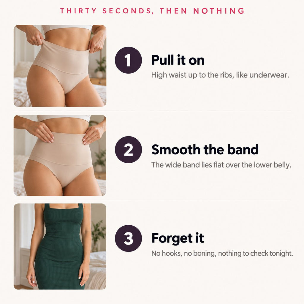 Thirty seconds, then nothing: pull it on, smooth the band, forget it.