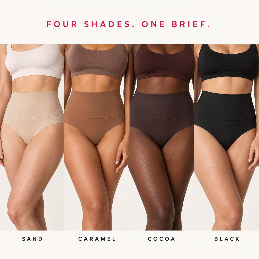 Four shades, one brief: Sand, Caramel, Cocoa and Black, each worn on the skin tone it disappears on.